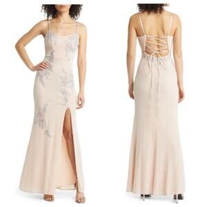 XSCAPE Embellished & Embroidered Romantic Gown Sleeveless Nude Size 12 NWT